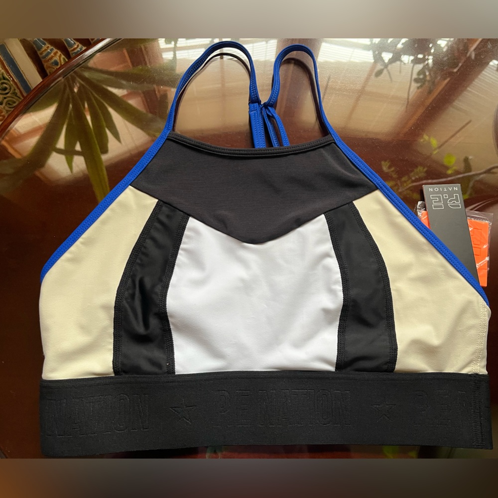 P.E. Nation Cropped Top Sport bra Black/White/Off White/Blue in large size